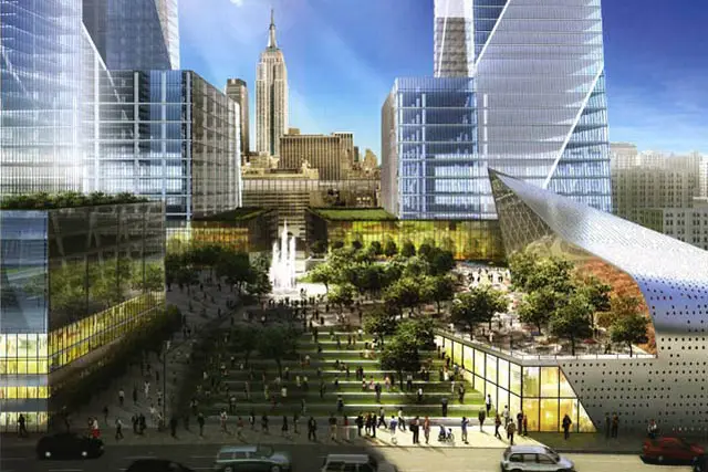 Rendering of Tishman Speyer's Hudson Yards plaza, with Empire State Building in the background.